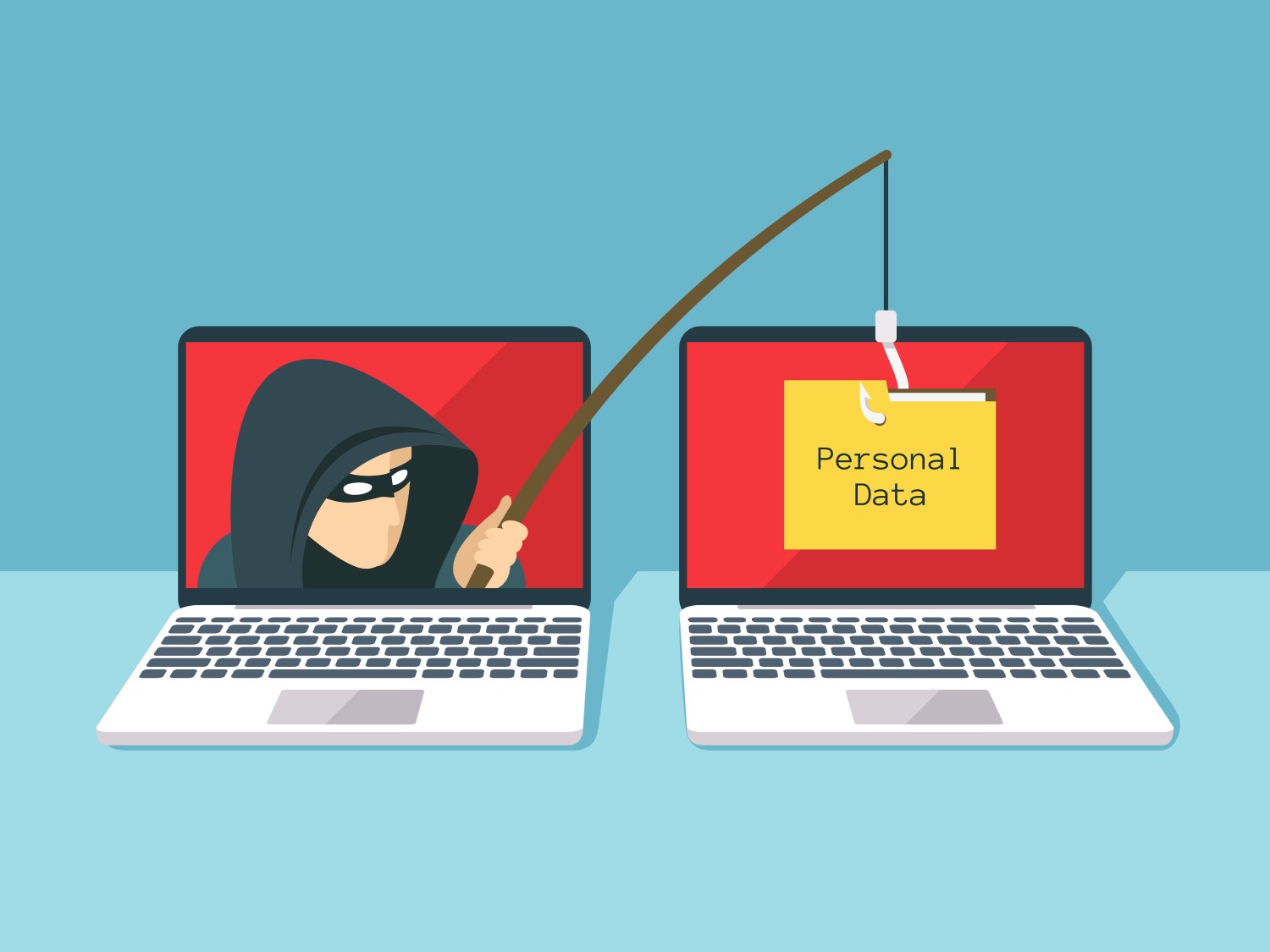 Ilustração de bandido virtual na tela de um notebook roubando dados pessoais de outro computador.