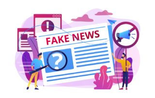 Ilustração de pessoas identificando fake news em um jornal impresso